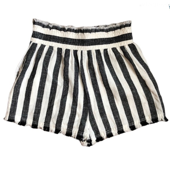Umgee Linen Cotton High Rise Striped Shorts Paper Bag Waist Black White Small - Picture 4 of 10
